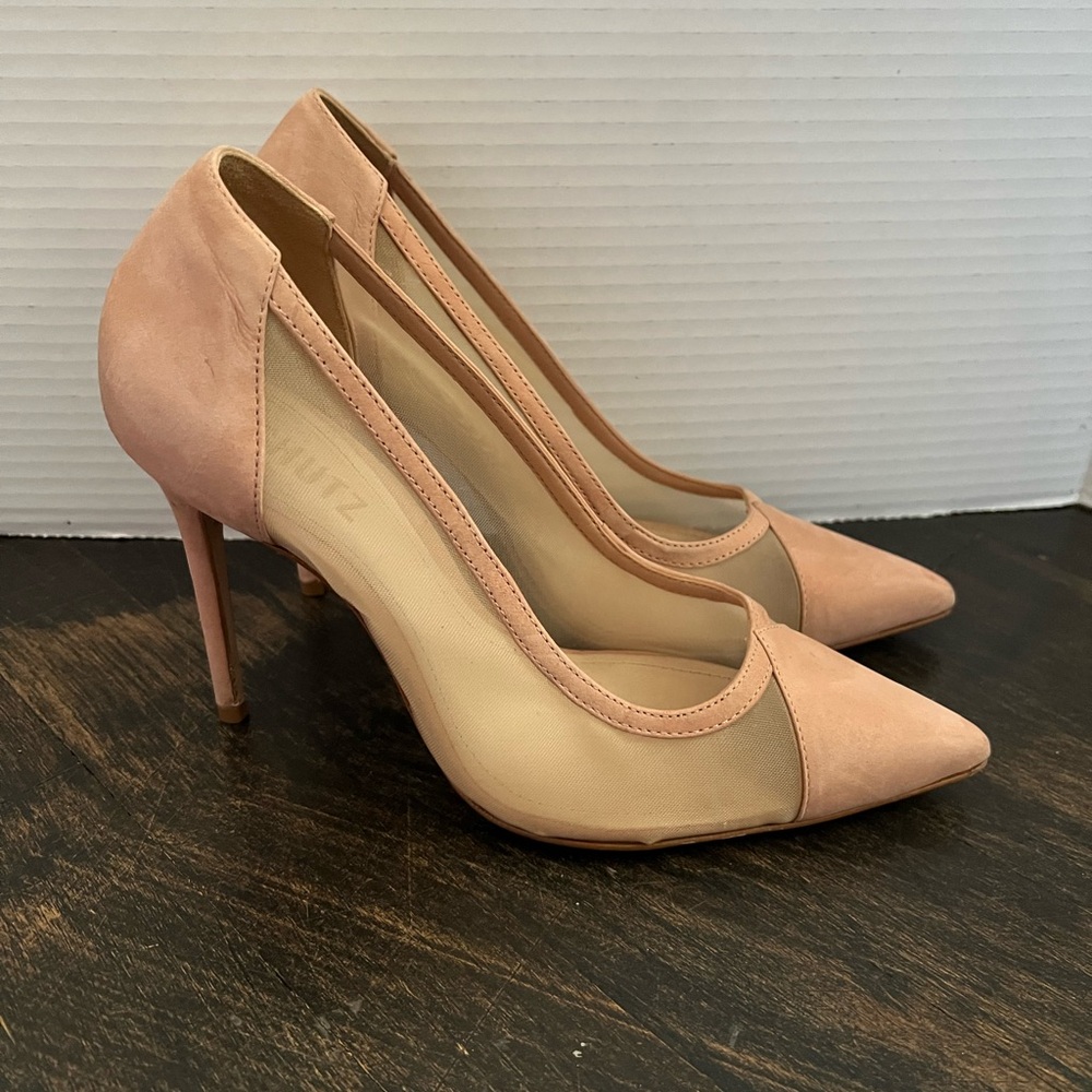 Women’s Schutz Myrine Nubuck Beige Nude Mesh Leather High Heel Sexy Pump 7.5